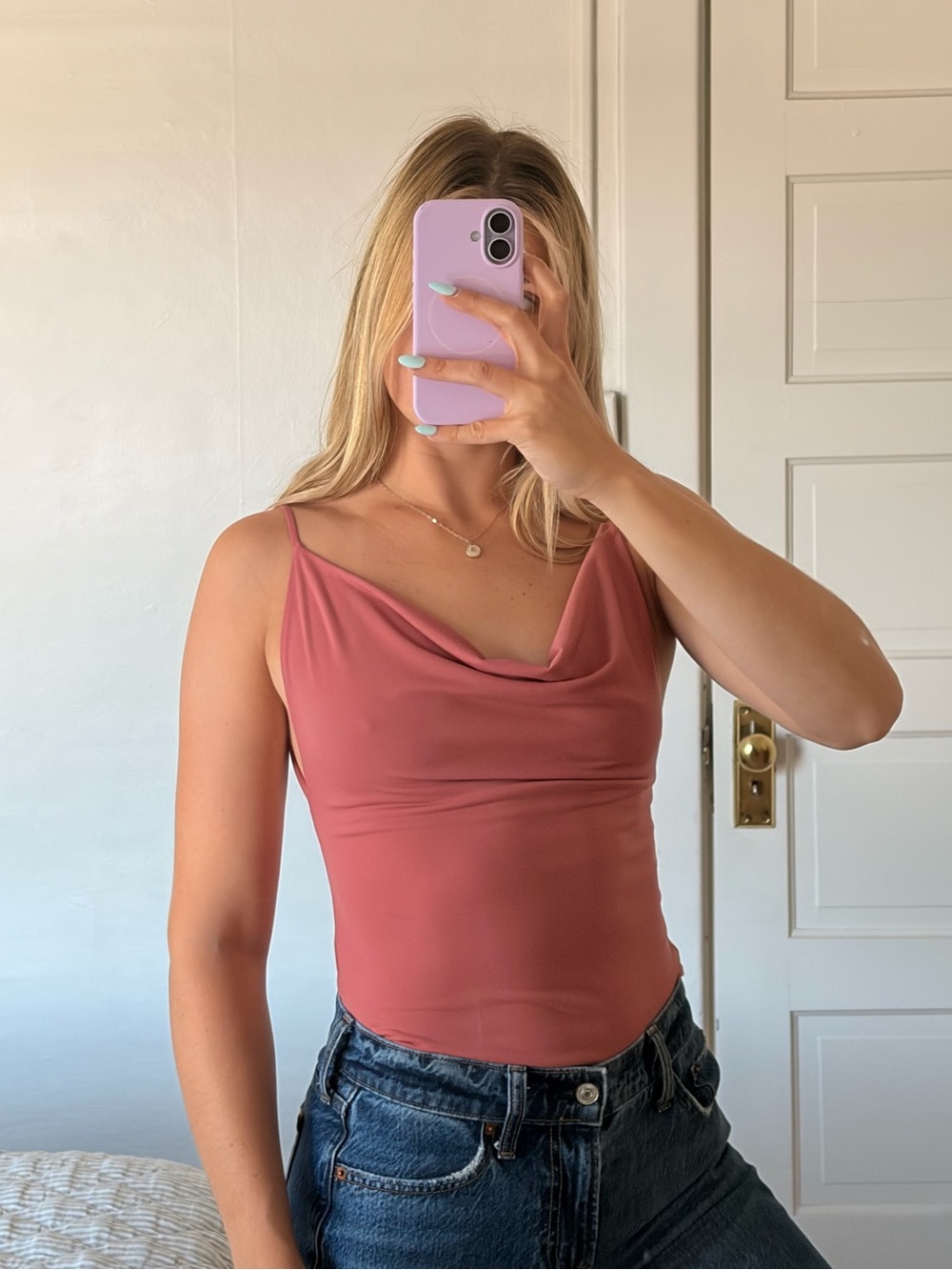 Pink cowl neck backless bodysuit